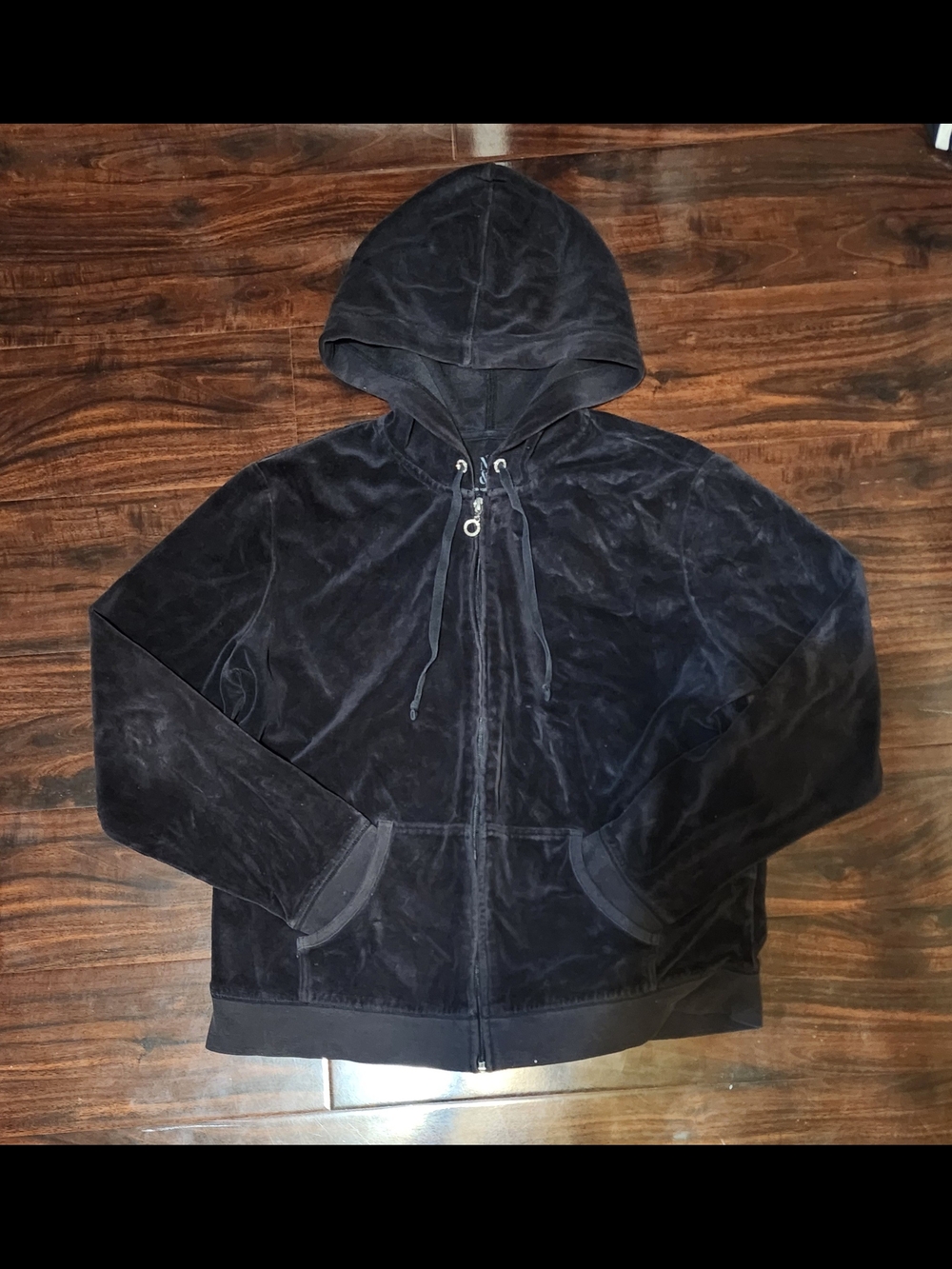 Women's Black Hooded Zip-Up Velour Velvet Sweater